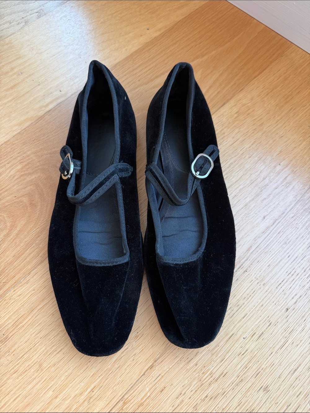 Zara Black Velvet Mary Jane Flats with Buckle Strap